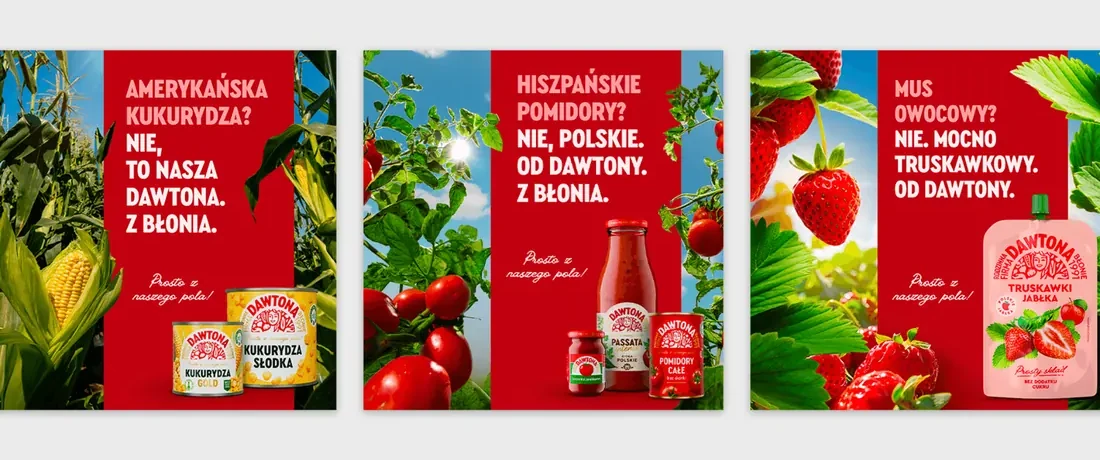 Trzy posty Dawtona z kukurydzą, pomidorami i truskawkami.
