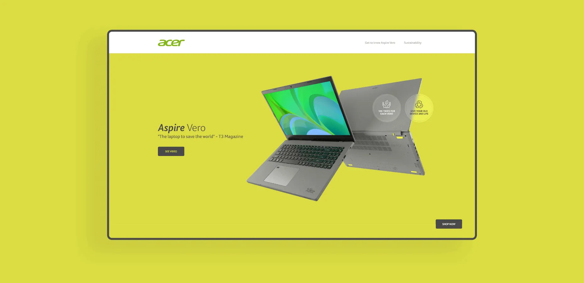 Pierwszy ekran landing page Aspire Vero na limonkowym tle, z dwoma laptopami