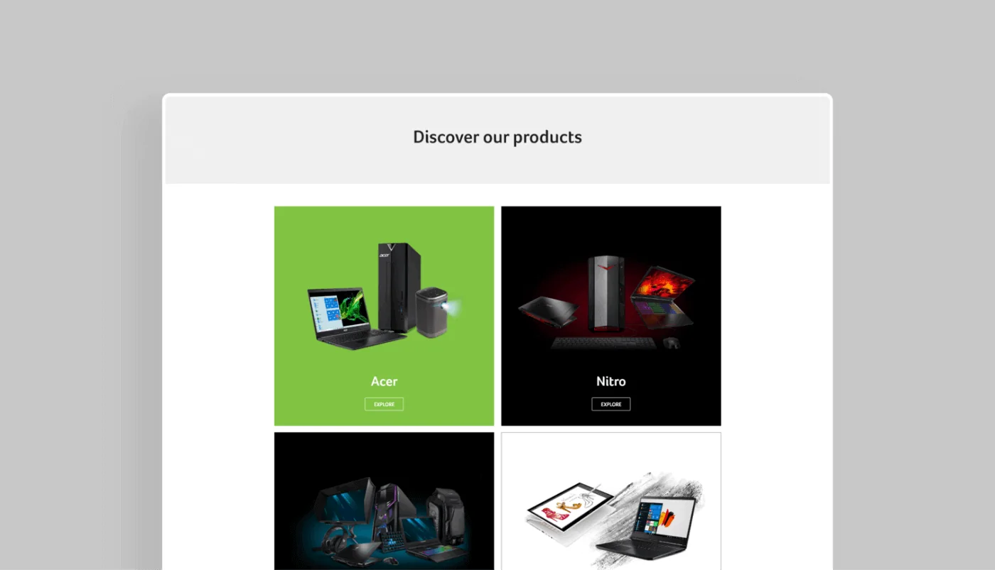 Sekcja „Discover our products” z kaflami serii Acer i Nitro