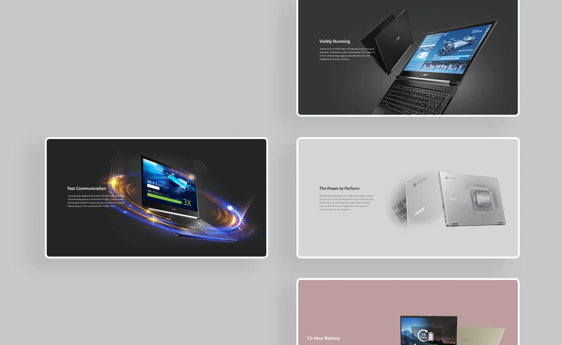 Slajdy korzyści z kart produktów Acer: Visibly Stunning, Fast Communication, The Power to Perform
