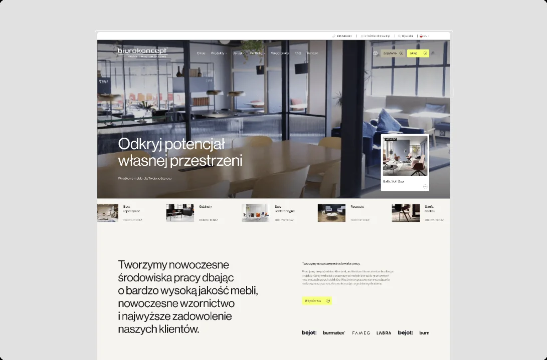 Strona główna biurokoncept.pl w przeglądarce: hero ze zdjęciem biura, przestrzenie i marki producentów