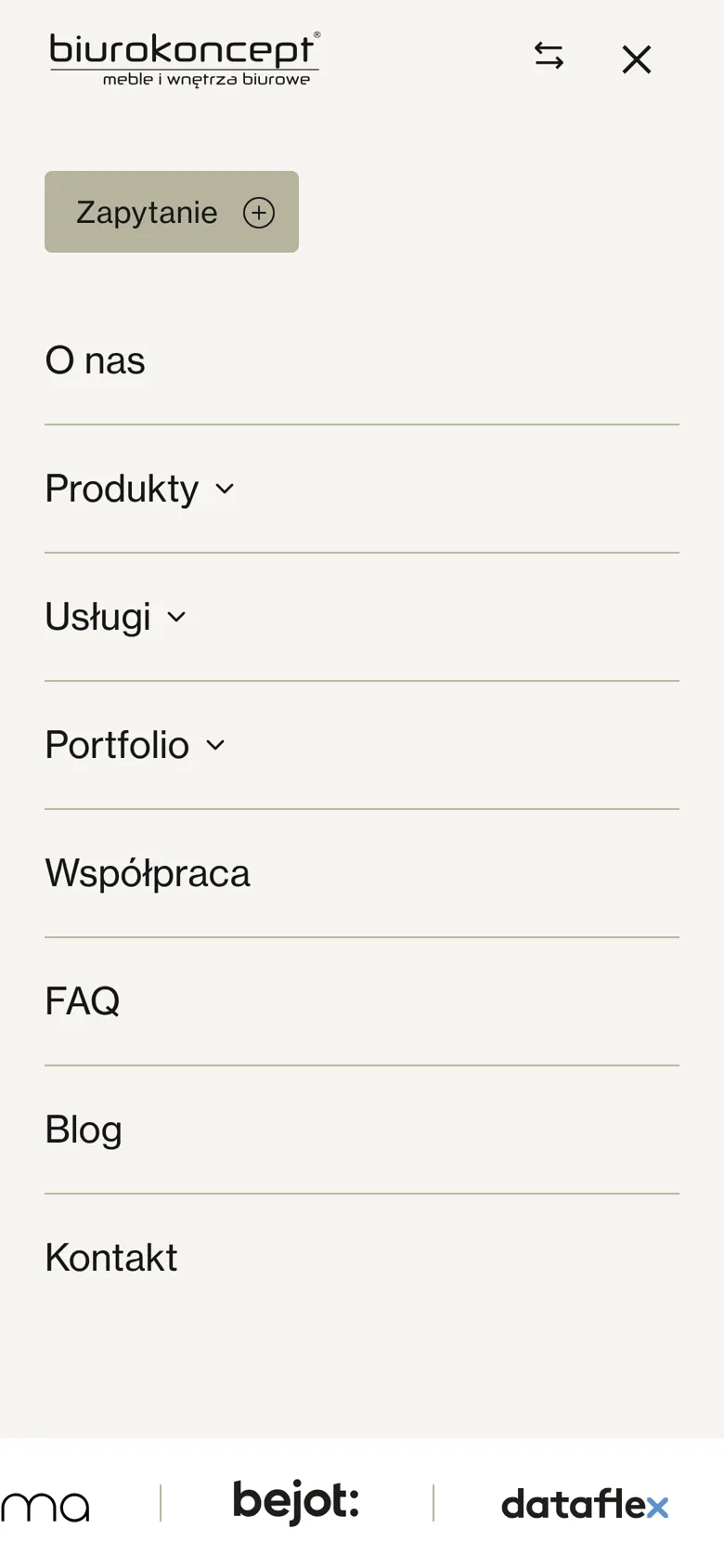 Menu biurokoncept.pl na telefonie
