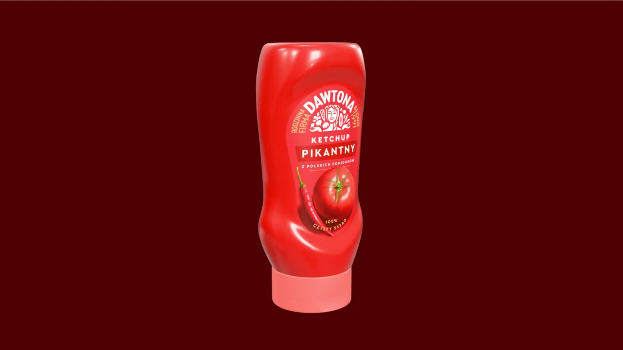 Czerwona butelka ketchupu z etykietą Dawtona Ketchup Pikantny.