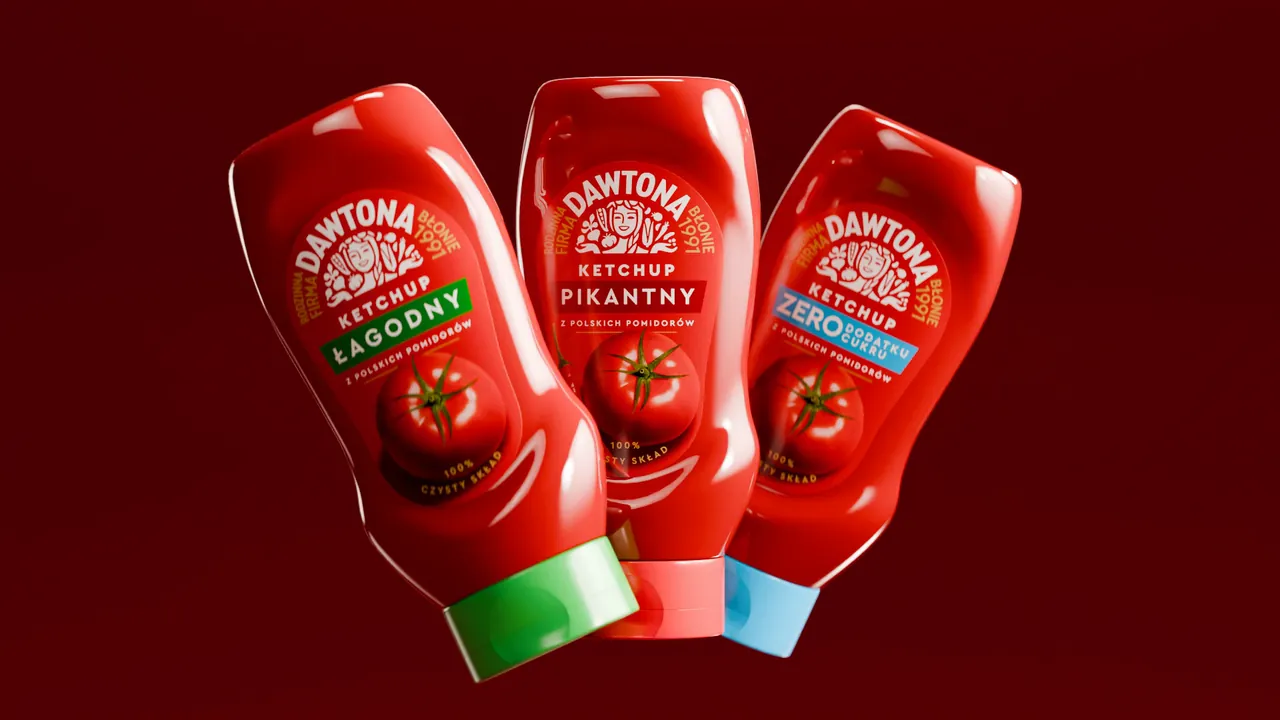 Trzy butelki ketchupu Dawtona: łagodny, pikantny i zero.