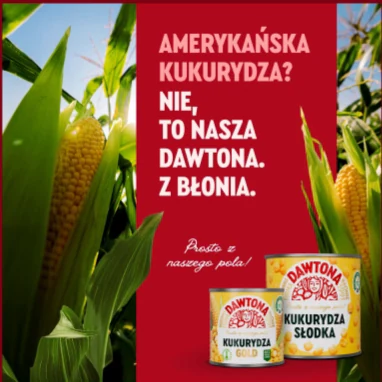 Post: „Amerykańska kukurydza? Nie, to nasza Dawtona. Z Błonia.” z puszkami kukurydzy.