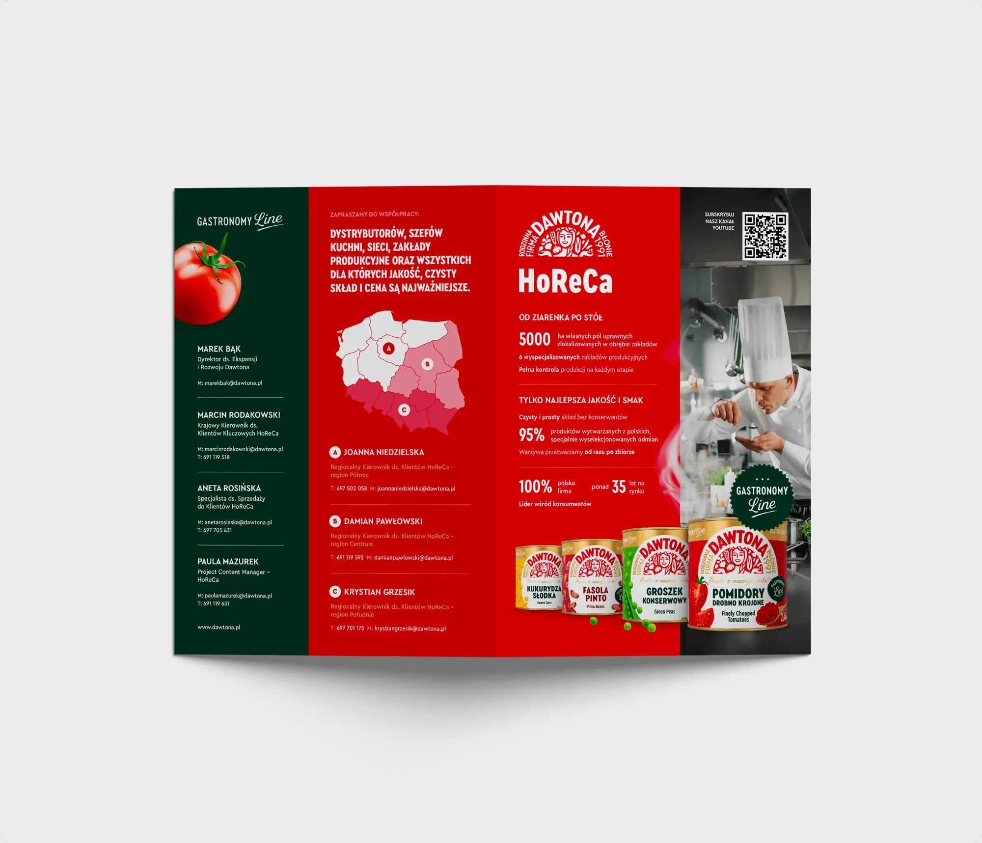 Ulotka Dawtona HoReCa: mapa Polski z kontaktami handlowymi, liczby i produkty dla gastronomii.
