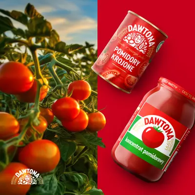 Post z polem pomidorów i czerwonym panelem z produktami.