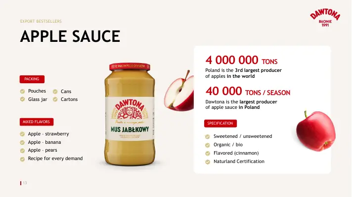 Slajd o musie jabłkowym w dużym słoiku z liczbami produkcji.