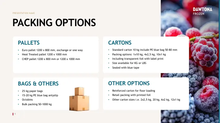 Slajd „Packing options” Dawtona Frozen z rodzajami opakowań.