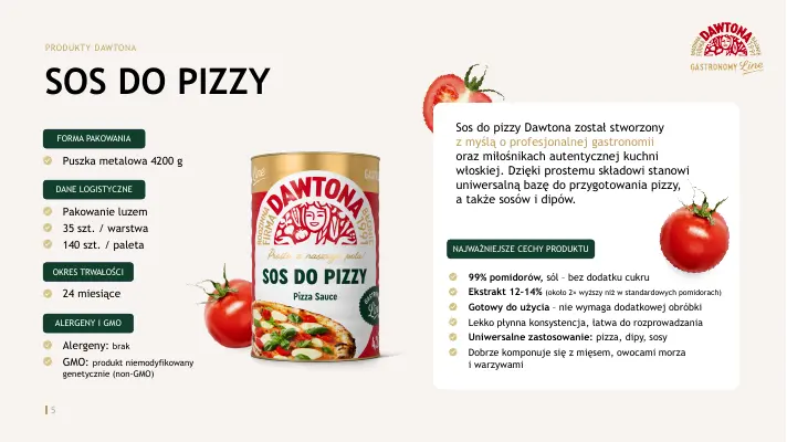 Slajd o sosie do pizzy Dawtona HoReCa z puszką i pomidorami.