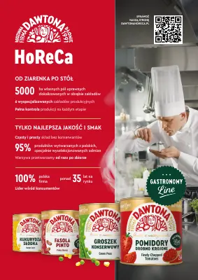 Okładka ulotki Dawtona HoReCa z szefem kuchni i produktami.