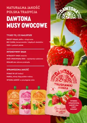 Okładka ulotki musów owocowych Dawtona z truskawkami.