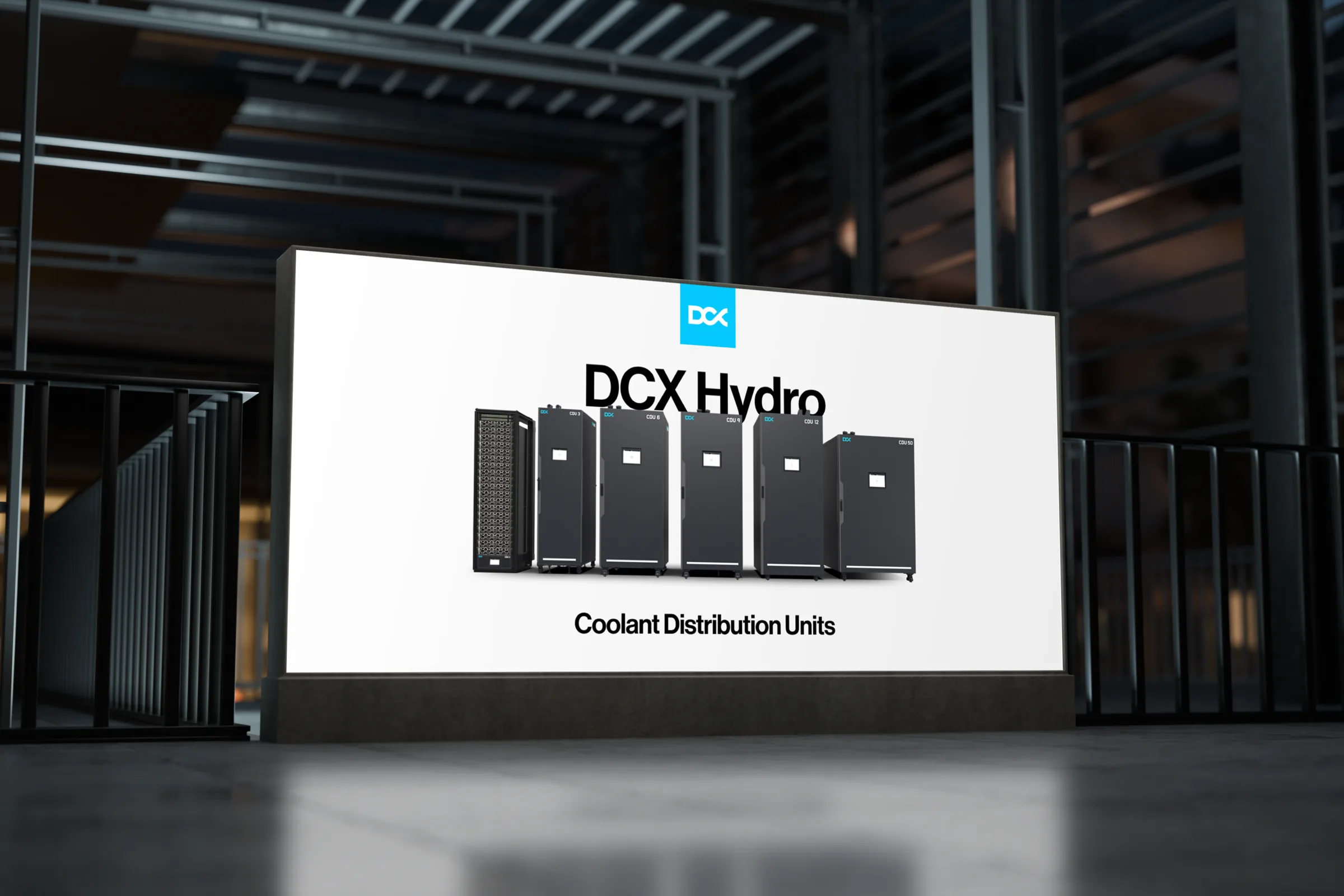 Podświetlany billboard z linią jednostek DCX Hydro Coolant Distribution Units w hali o stalowej konstrukcji.