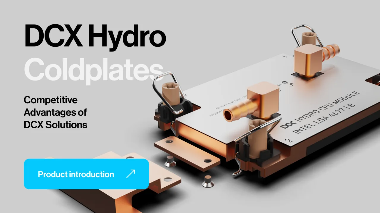 Miniatura filmu DCX Hydro Coldplates: miedziana płyta chłodząca na szarym tle i niebieski przycisk Product introduction.