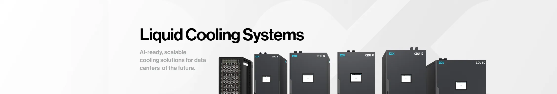 Okładka profilu DCX na LinkedInie: napis Liquid Cooling Systems, zdanie AI-ready, scalable cooling solutions for data centers of the future i linia jednostek chłodzących.