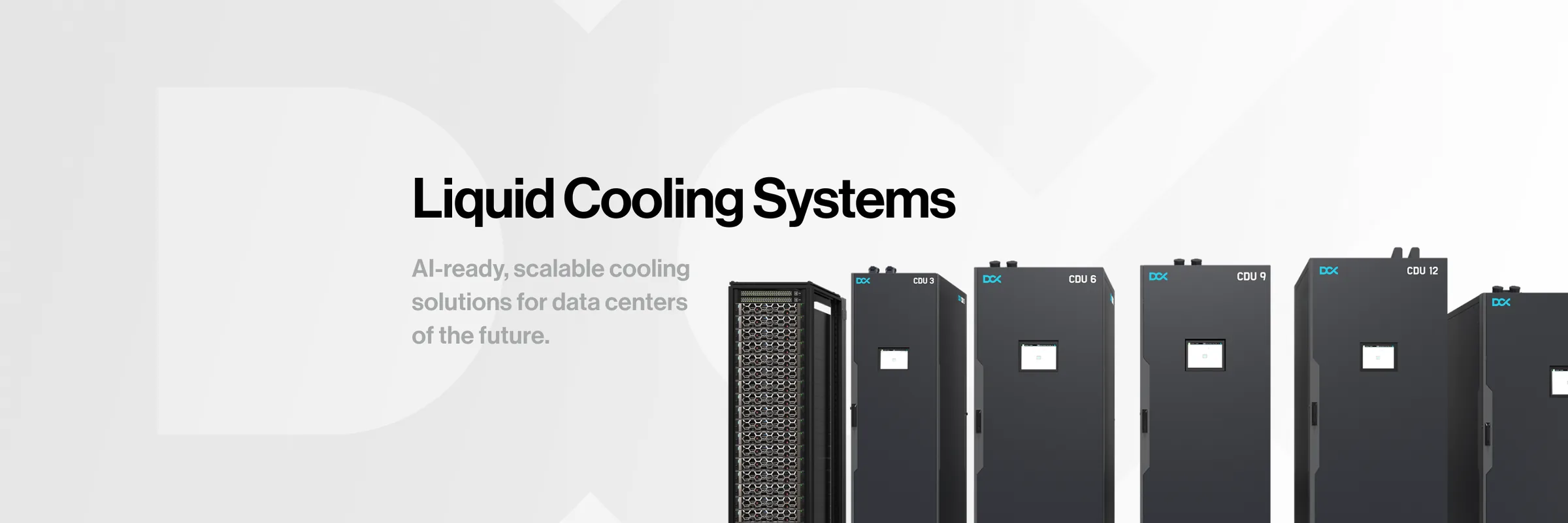 Okładka profilu DCX na X: napis Liquid Cooling Systems, zdanie o chłodzeniu centrów danych i jednostki CDU 3, CDU 6, CDU 9 i CDU 12.