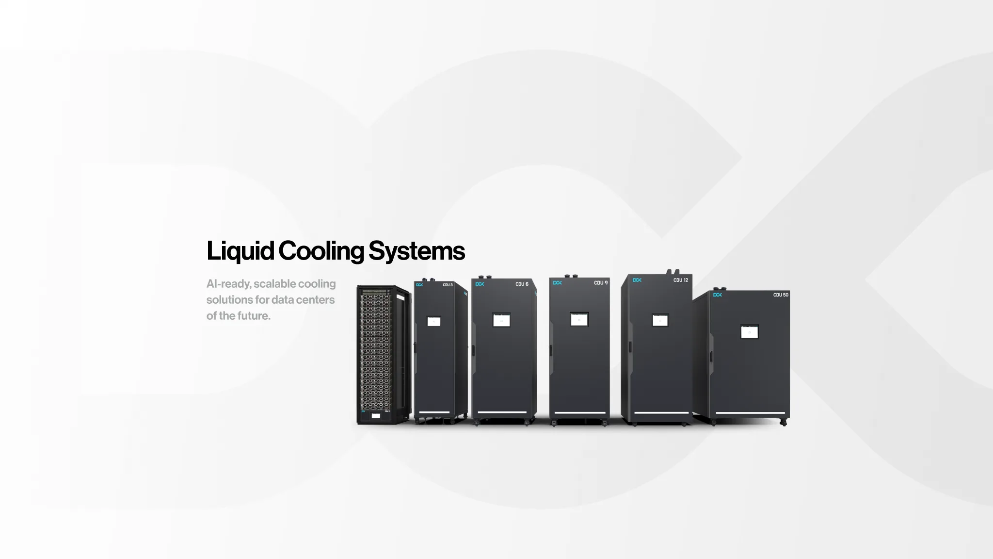 Baner kanału DCX na YouTubie: napis Liquid Cooling Systems i linia jednostek CDU na jasnoszarym tle z dużym logo.