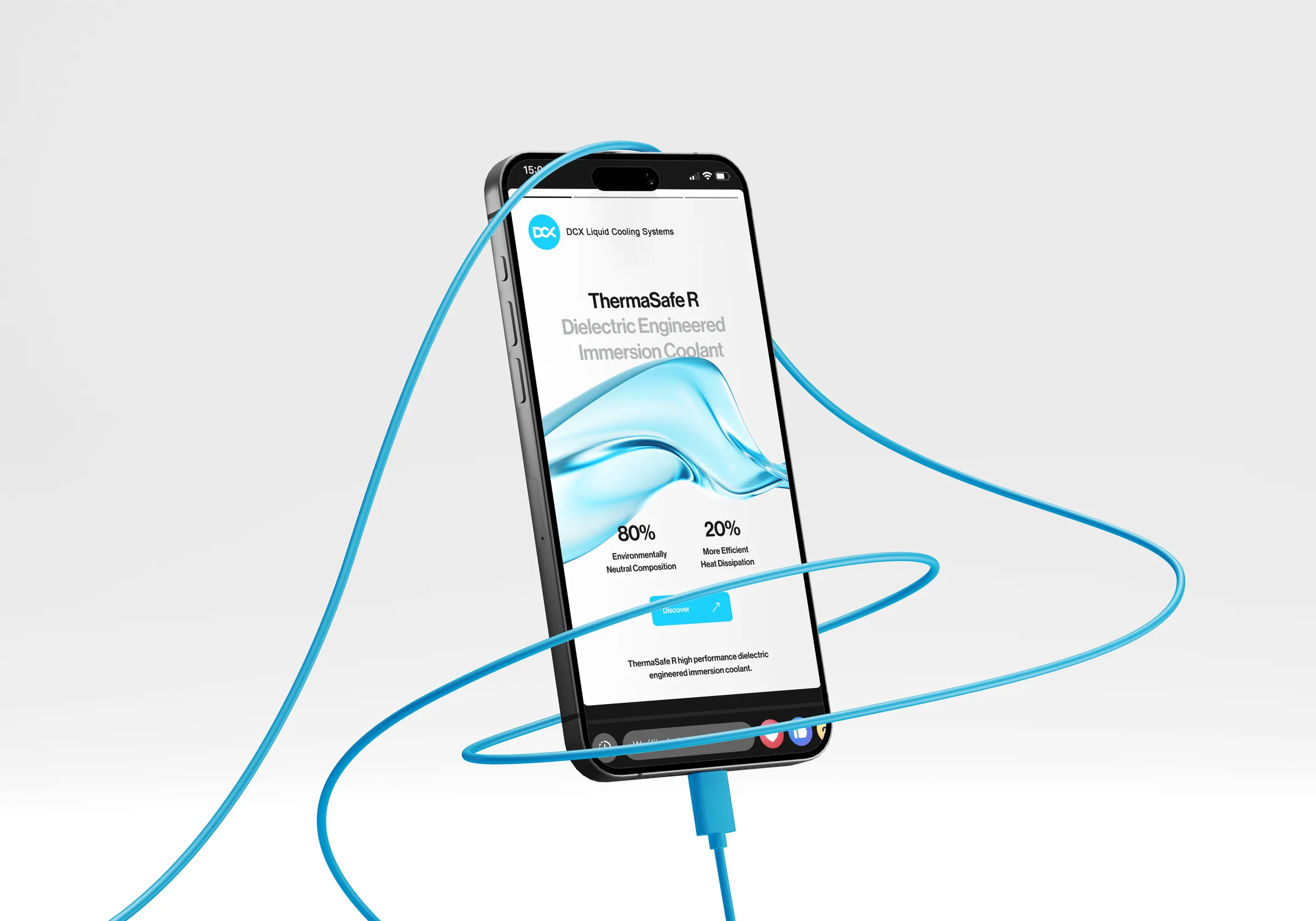 Telefon z grafiką płynu ThermaSafe R do chłodzenia zanurzeniowego, owinięty niebieskim kablem.
