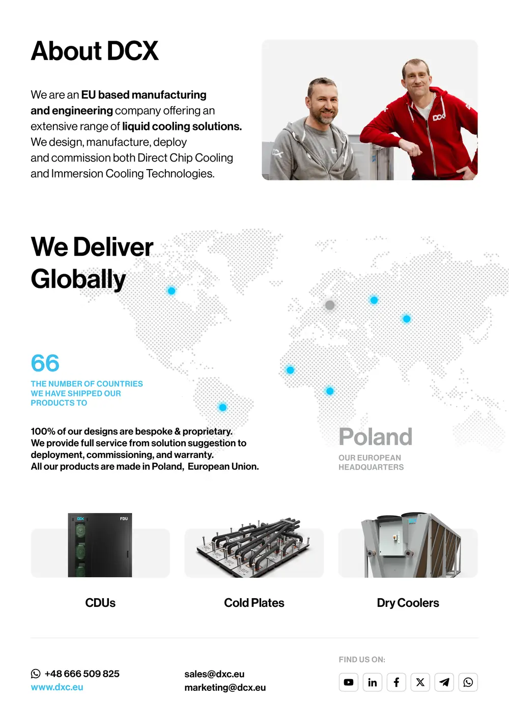 Ulotka About DCX: opis firmy, mapa „We Deliver Globally” z 66 krajami, produkty CDUs, Cold Plates i Dry Coolers oraz kontakt.