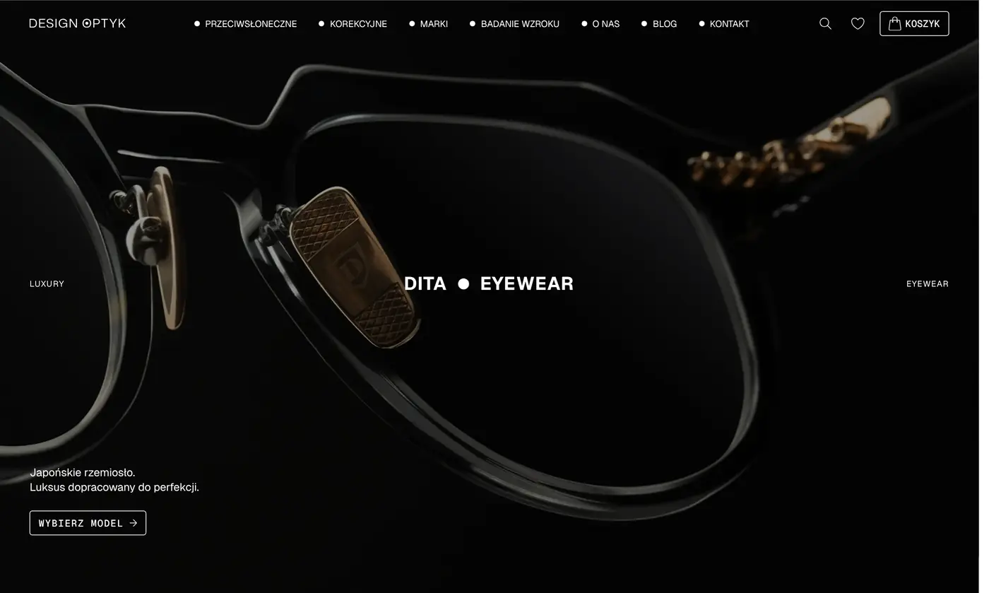 Strefa marki Dita na designoptyk.com: duże zdjęcie z sesji i nazwa DITA • EYEWEAR.