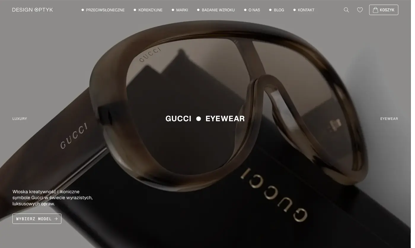 Strefa marki Gucci na designoptyk.com: duże zdjęcie z sesji i nazwa GUCCI • EYEWEAR.