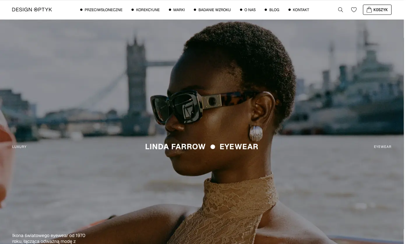 Strefa marki Linda Farrow na designoptyk.com: duże zdjęcie z sesji i nazwa LINDA FARROW • EYEWEAR.