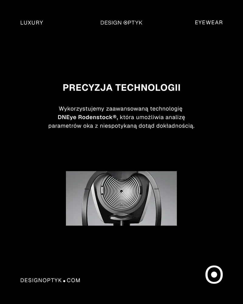 Post „Precyzja technologii” o badaniu wzroku na sprzęcie DNEye Rodenstock, na czarnym tle.