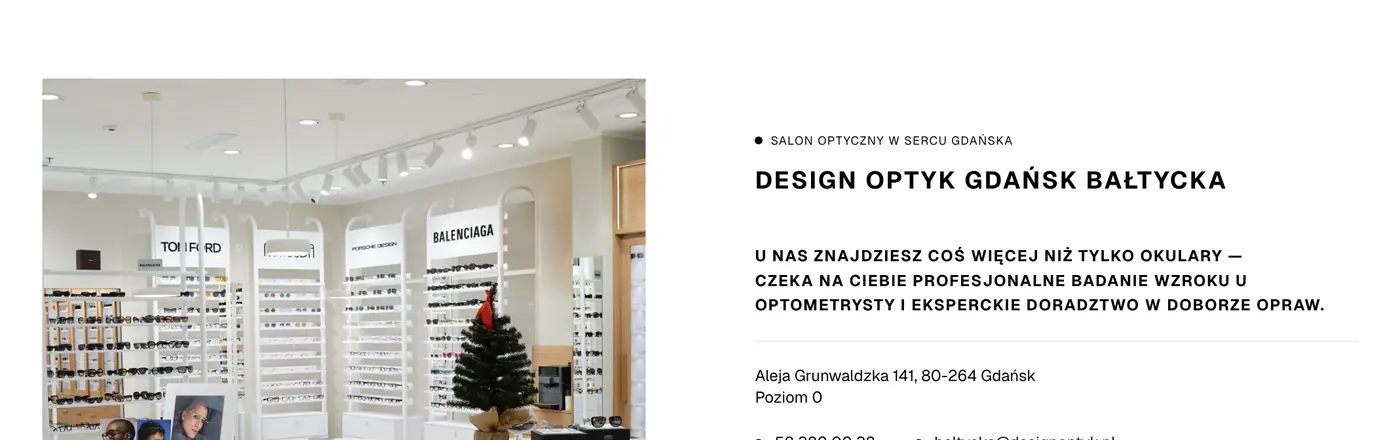 Podstrona salonu Design Optyk Gdańsk Bałtycka: zdjęcie salonu, adres, godziny i przyciski „Umów badanie” i „Dojazd”.