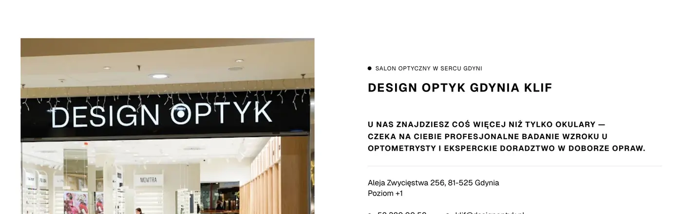 Podstrona salonu Design Optyk Gdynia Klif: zdjęcie salonu, adres, godziny i przyciski „Umów badanie” i „Dojazd”.