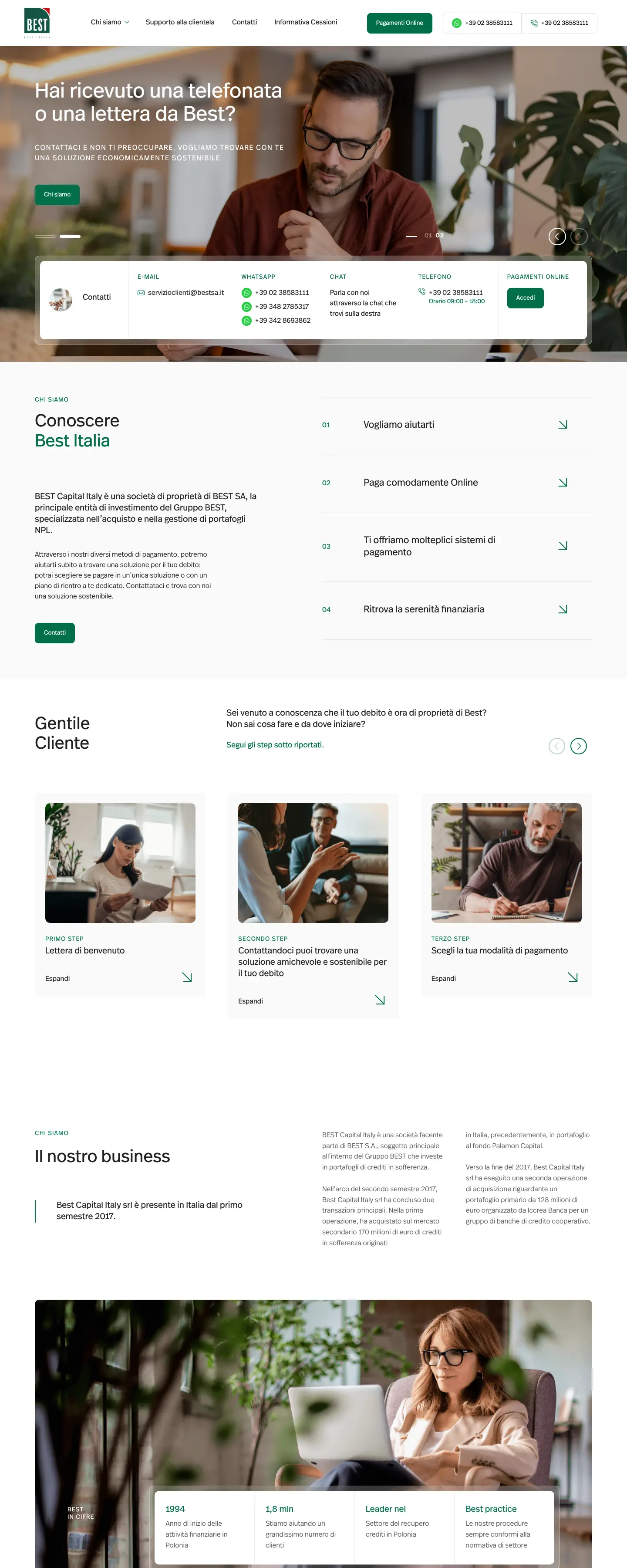 Strona główna bestsa.it: włoskie menu z przyciskiem „Pagamenti Online”, hero na zdjęciu z paskiem kontaktu, sekcje o BEST Italia i kroki dla klienta.