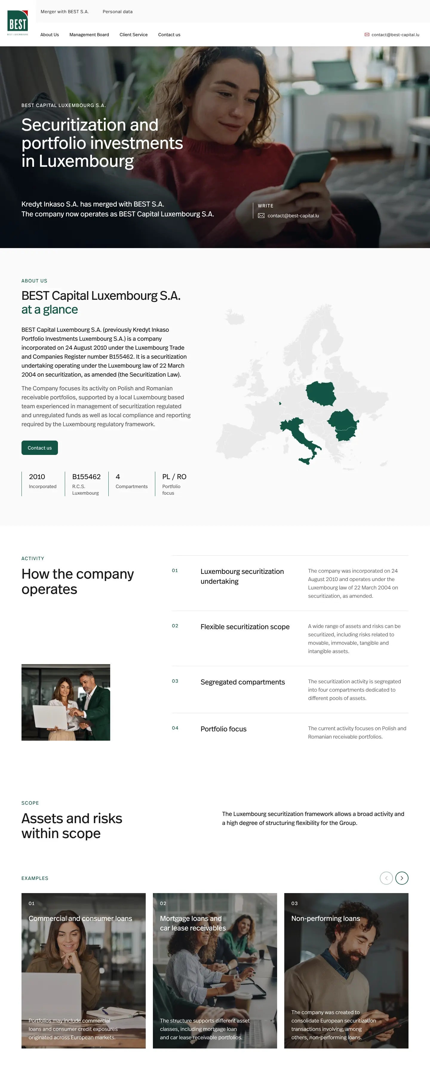 Strona główna best-capital.lu: angielskie menu, hero „Securitization and portfolio investments in Luxembourg”, mapa krajów grupy i opis działalności spółki.