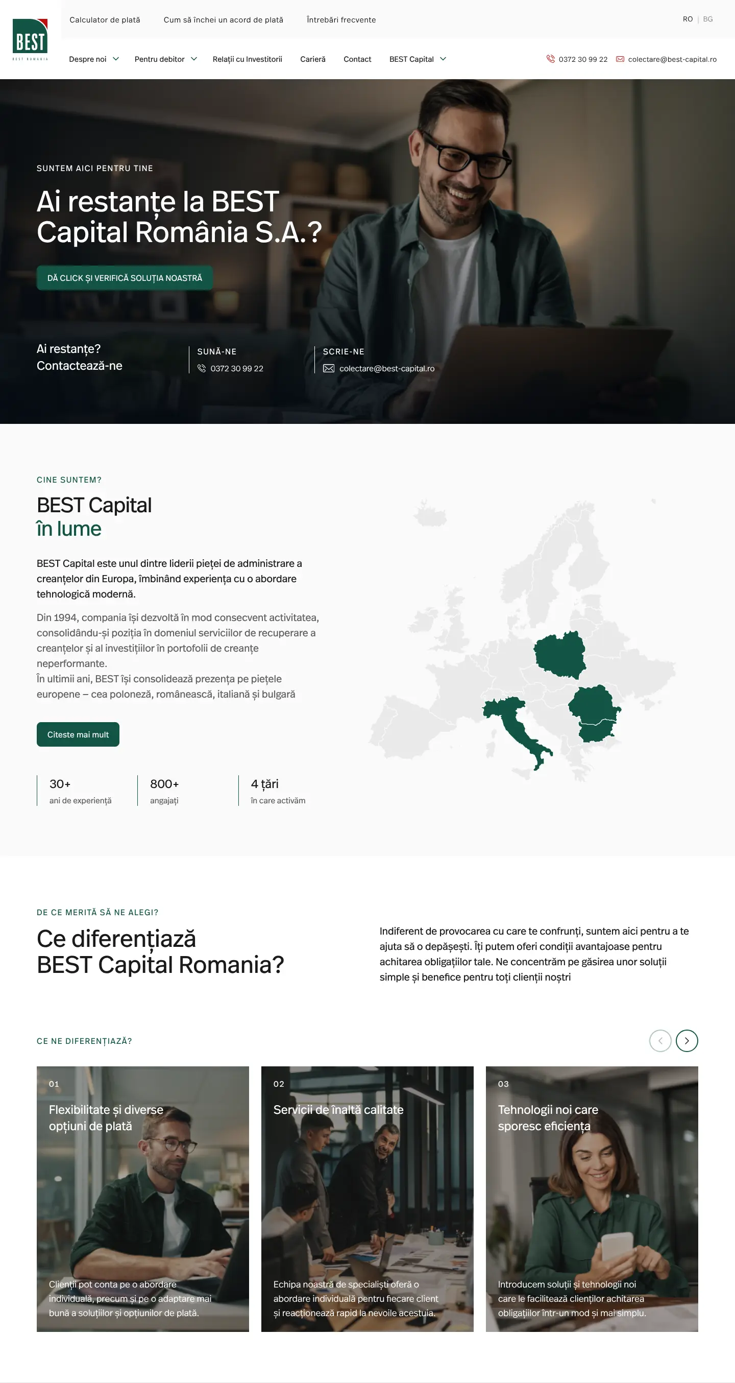 Strona główna best-capital.ro: rumuńskie menu, hero „Ai restanțe la BEST Capital România S.A.?”, mapa krajów grupy i karty „Ce diferențiază BEST Capital Romania?”.