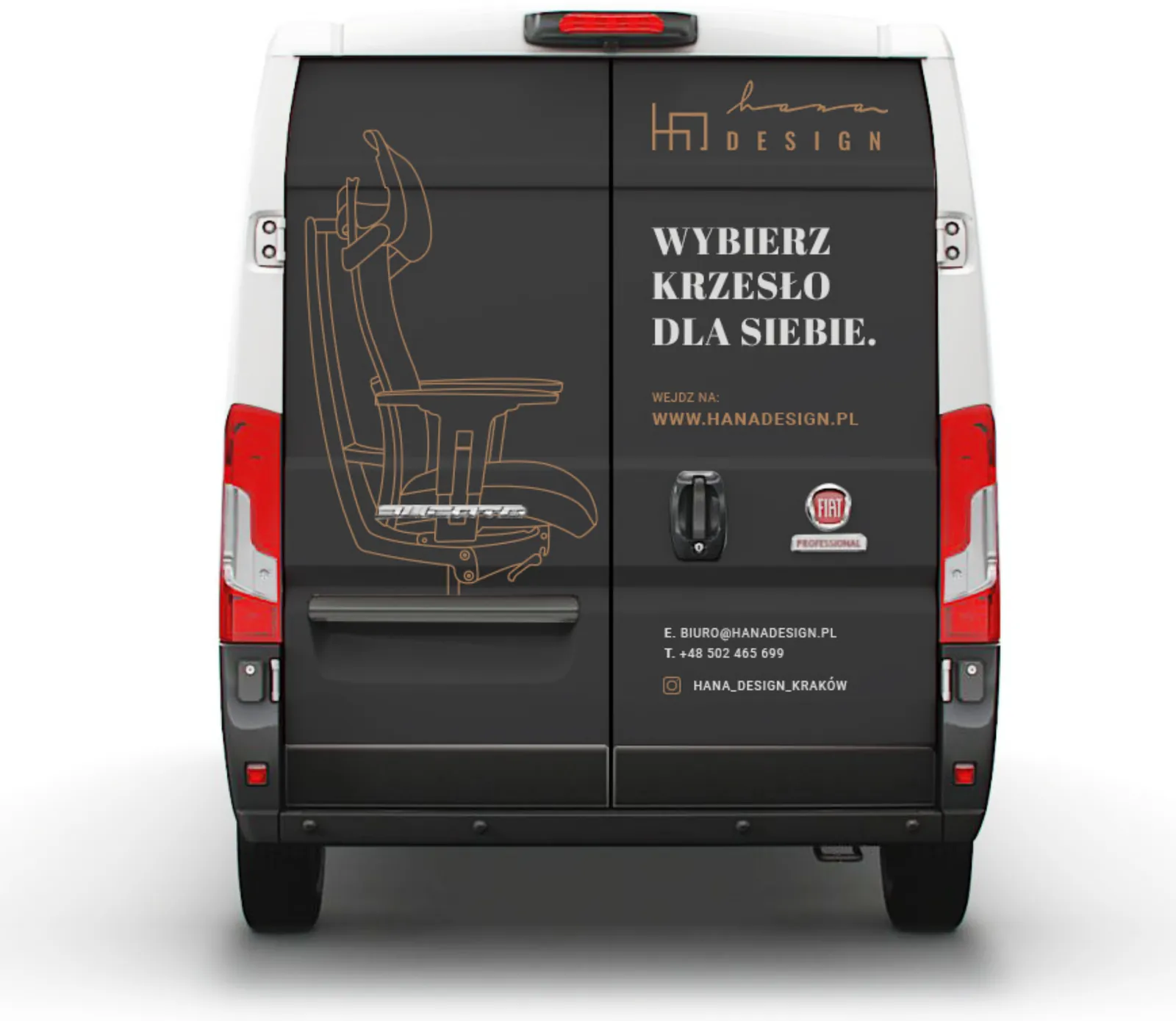 Czarne drzwi tylne Fiata Ducato z ilustracją krzesła ergonomicznego.