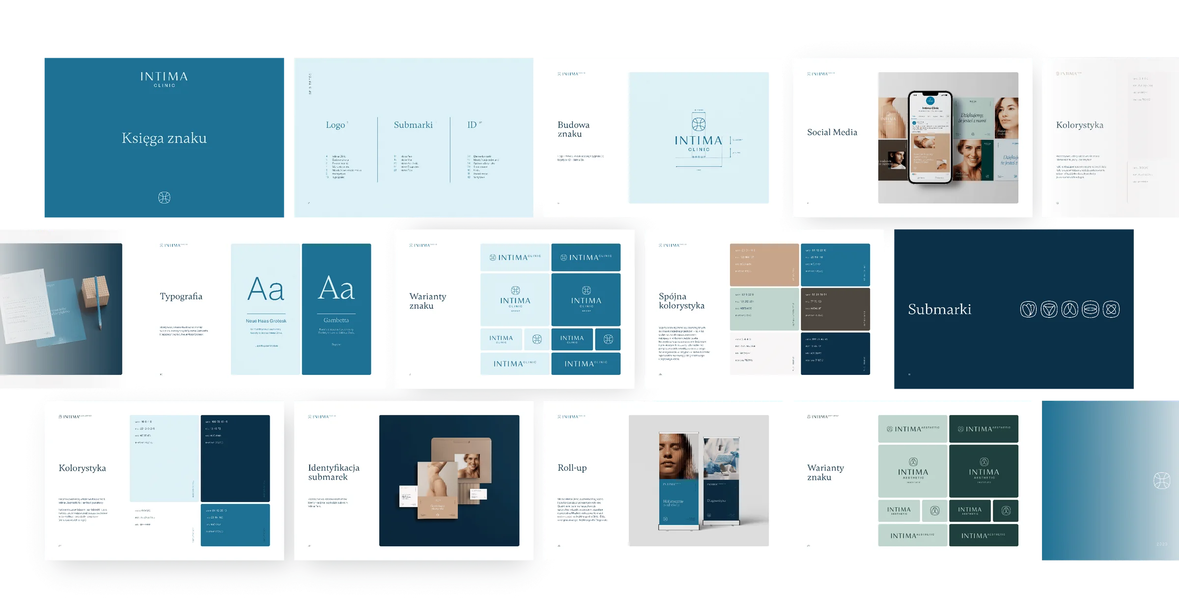 Strony księgi znaku Intima Clinic: budowa znaku, kolory, typografia, warianty znaku, submarki i rollup