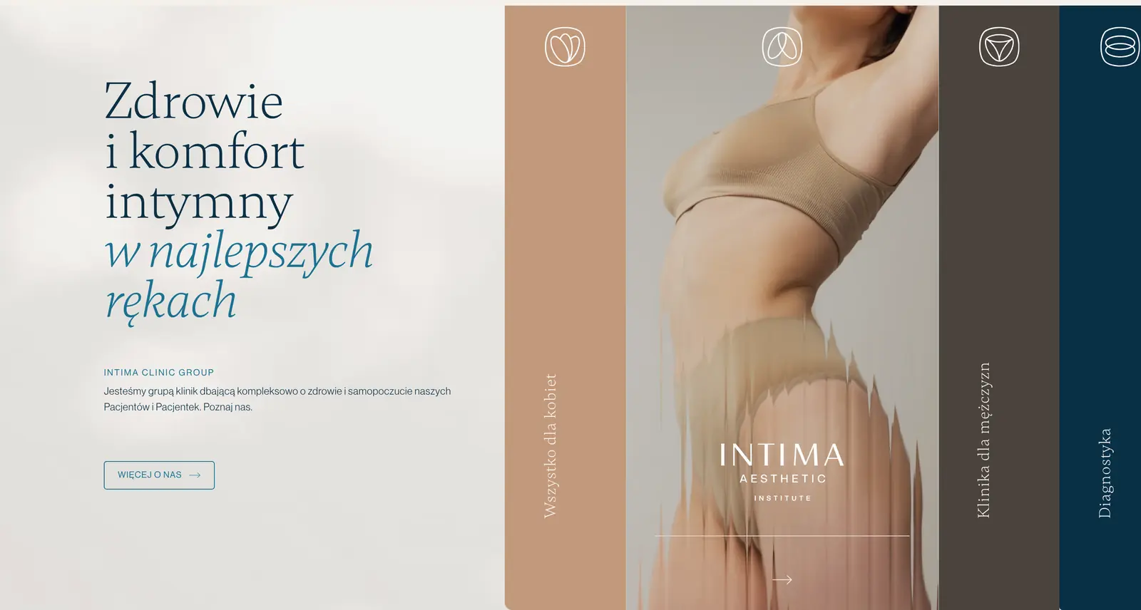 Pierwszy ekran intimaclinic.pl z rozwiniętą marką Intima Aesthetic