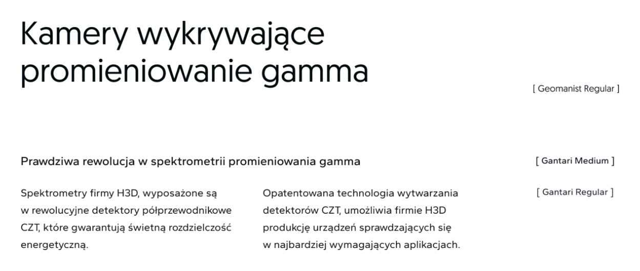 Próbka typografii irtech: nagłówek w kroju Geomanist Regular, śródtytuł w Gantari Medium i tekst w Gantari Regular