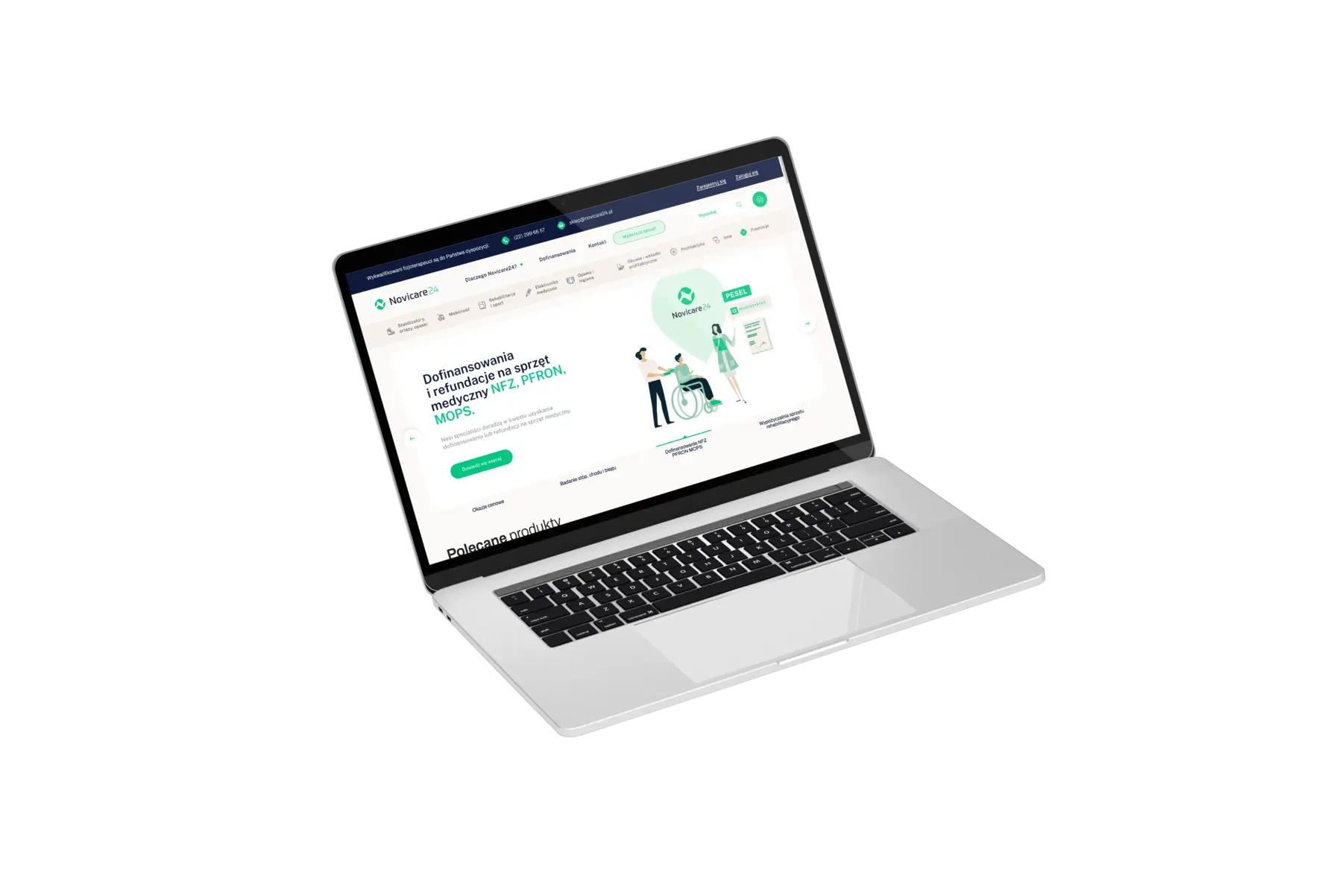 Laptop z projektem sklepu Novicare24 i banerem o dofinansowaniach NFZ, PFRON i MOPS