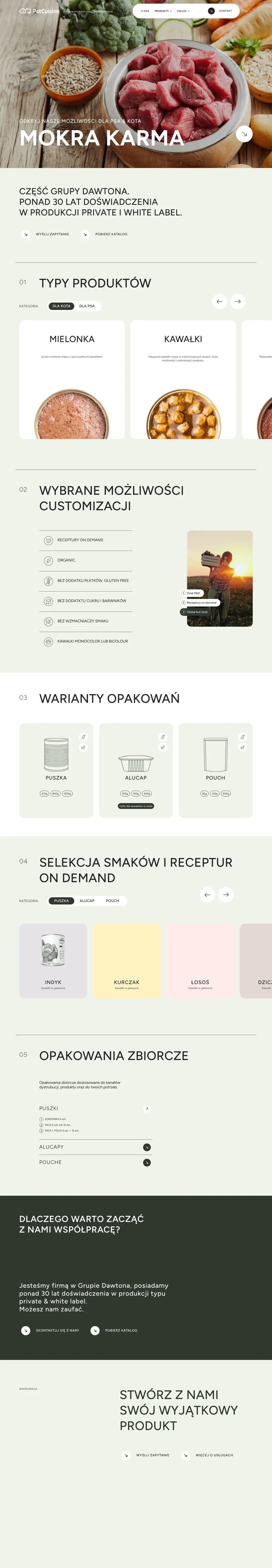 Podstrona Produkty na pet-cuisine.pl z wariantami opakowań i smakami