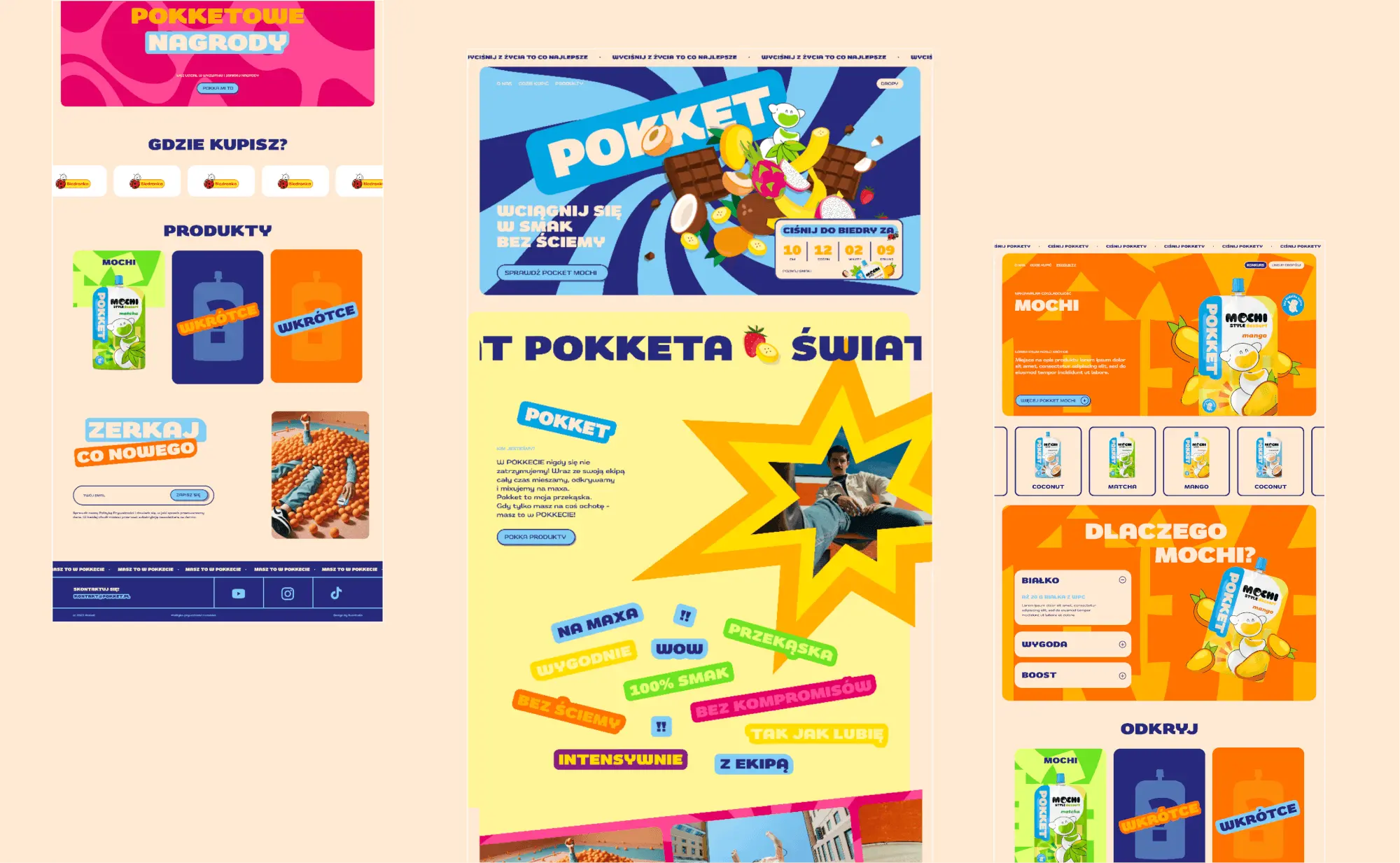 Podstrony pokket.pl: strona główna, świat Pokketa i linia Mochi