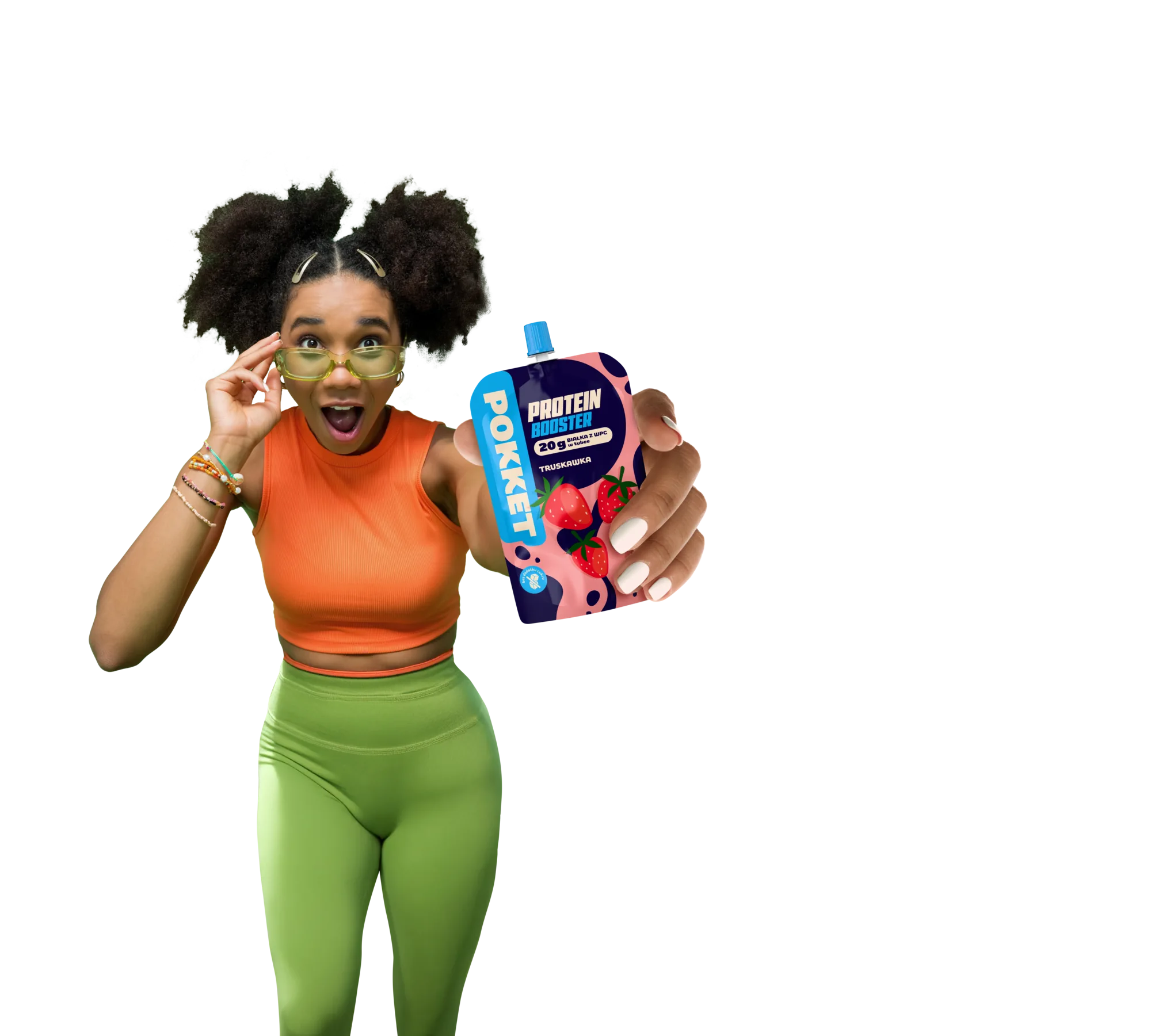 Montaż do ulotki: dziewczyna w okularach z saszetką Protein Booster przy twarzy