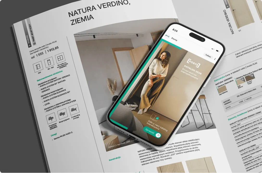 Strona produktowa katalogu z wymiarami i wykończeniami, na niej telefon z katalogiem online