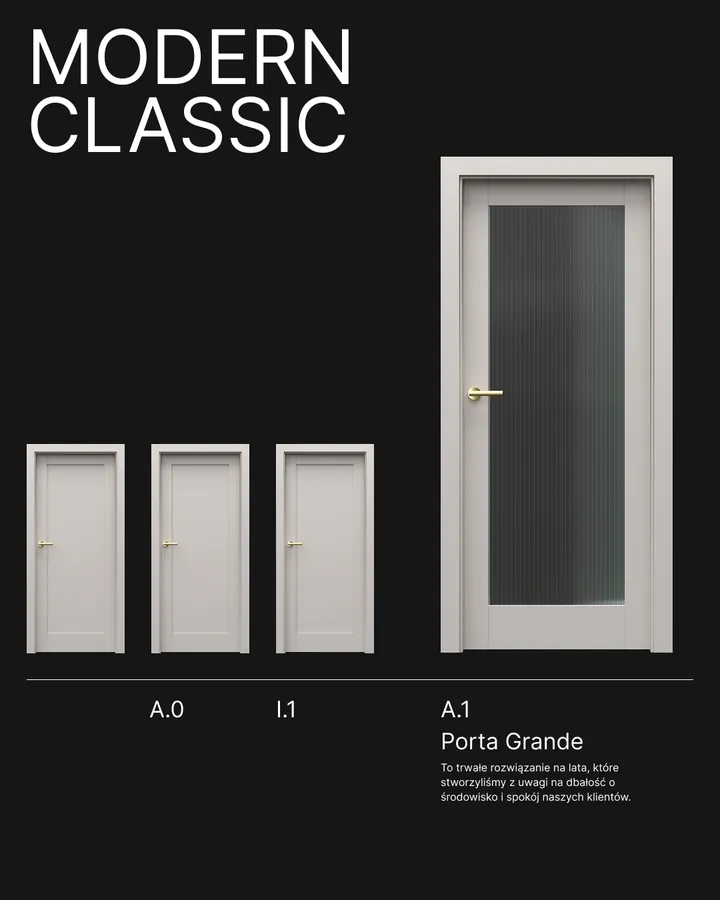 Post „Modern Classic” z czterema modelami drzwi na czarnym tle