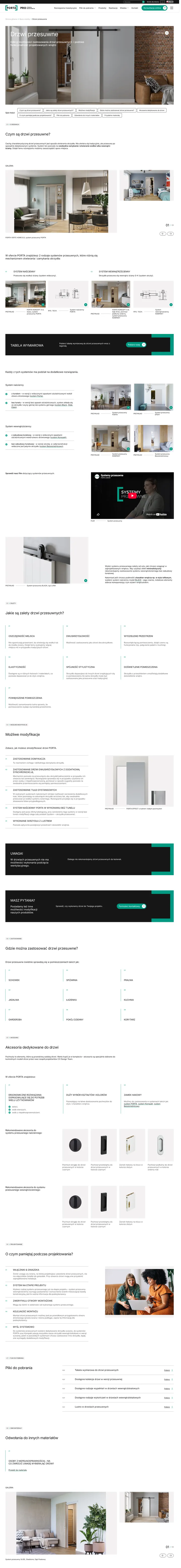 Nowy artykuł „Drzwi przesuwne” w Porta PRO: duże zdjęcie, spis treści, galeria, porównanie systemów, karty zalet, ramka „Uwaga”, akcesoria i pliki do pobrania