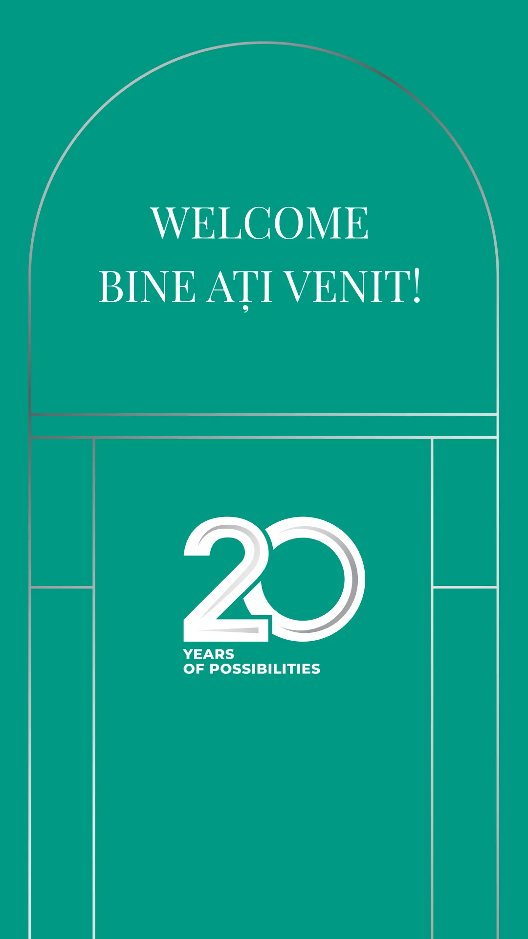 Pionowy ekran „Welcome, Bine ați venit!” w łukowej ramie ze znakiem 20