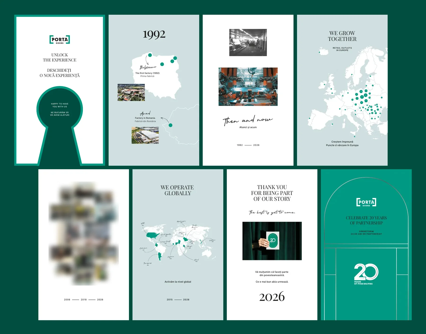 Projekt ośmiu paneli memory wall z historią Porta od 1992 roku