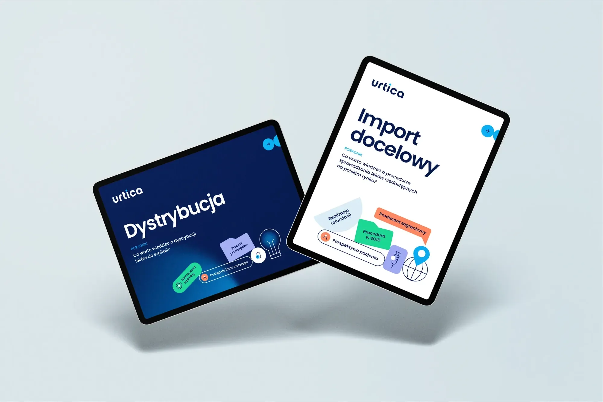 Dwa tablety z okładkami poradników Urtica: „Dystrybucja” na granacie i „Import docelowy” na bieli.