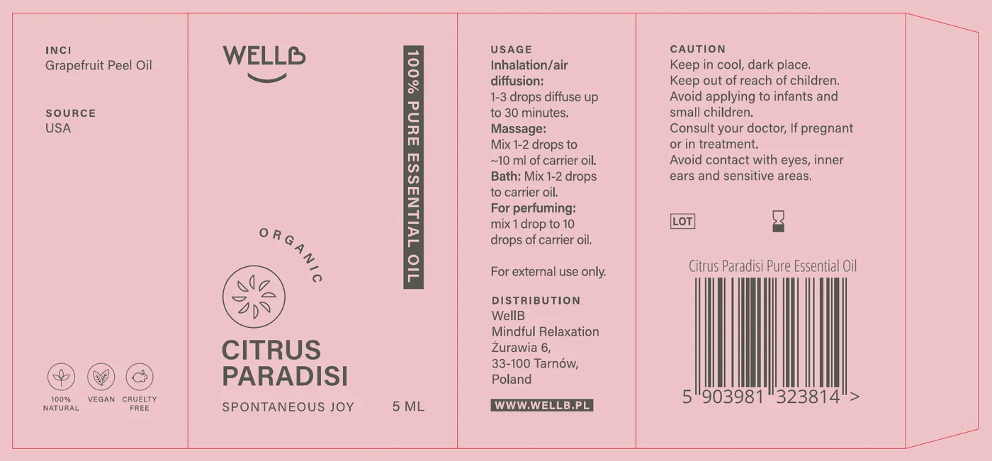 Siatka kartonika Citrus Paradisi z pliku podglądu do druku: skład, przód, sposób użycia, tył z kodem kreskowym i zakładka do klejenia.