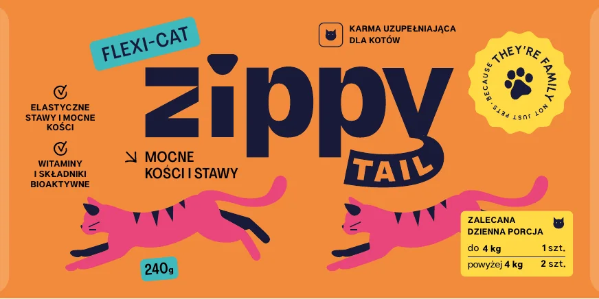 Przód etykiety Zippy Tail Flexi-Cat, 240 g.