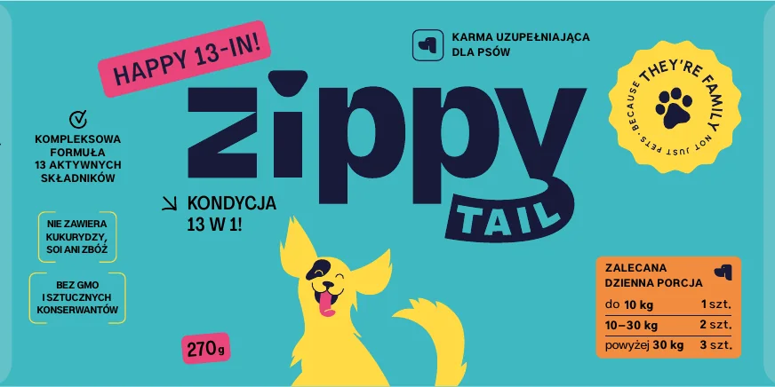 Przód etykiety Zippy Tail Happy 13-in!, 270 g.