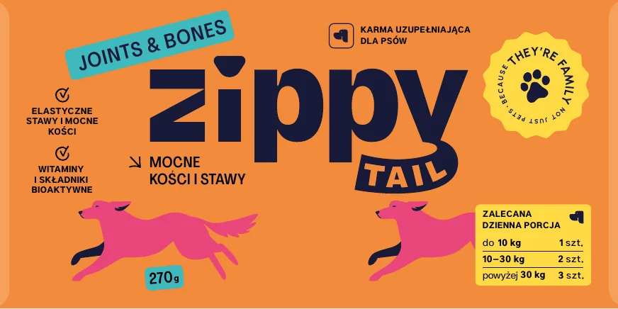 Przód etykiety Zippy Tail Joints & Bones, 270 g.